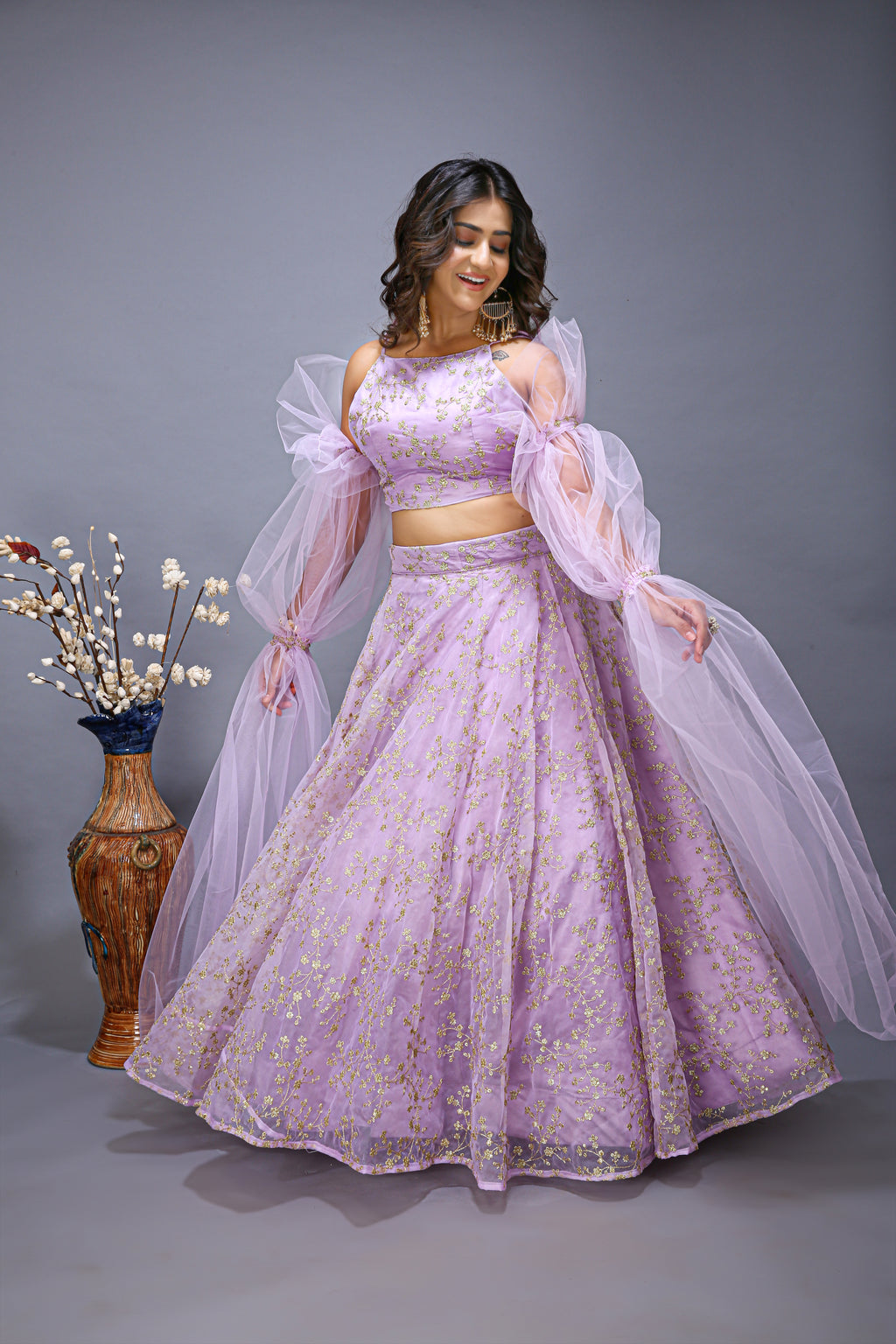 Ruffle Net Sleev Organza Lehenga Choli - side view