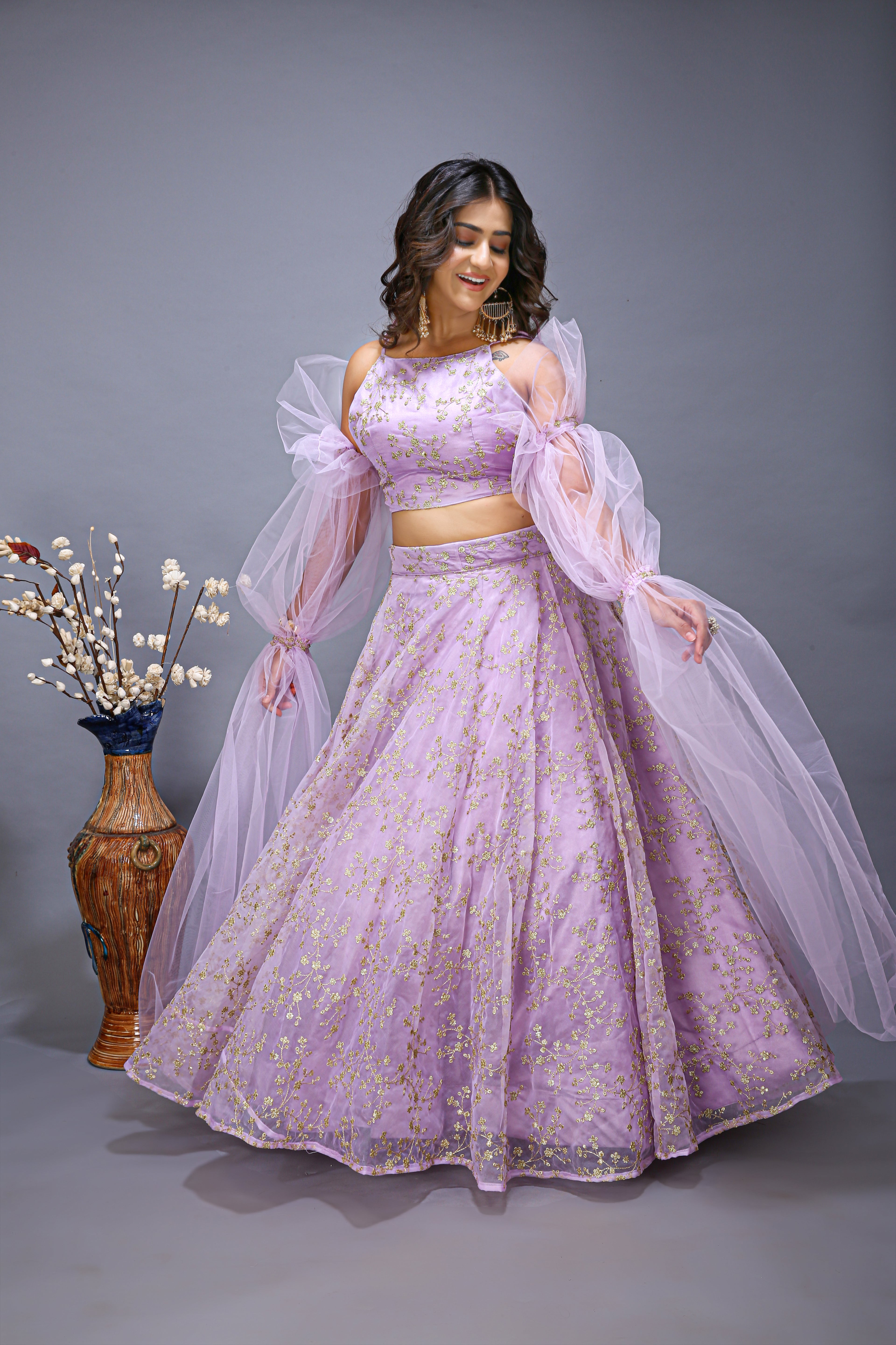 Ruffle Net Sleev Organza Lehenga Choli - side view