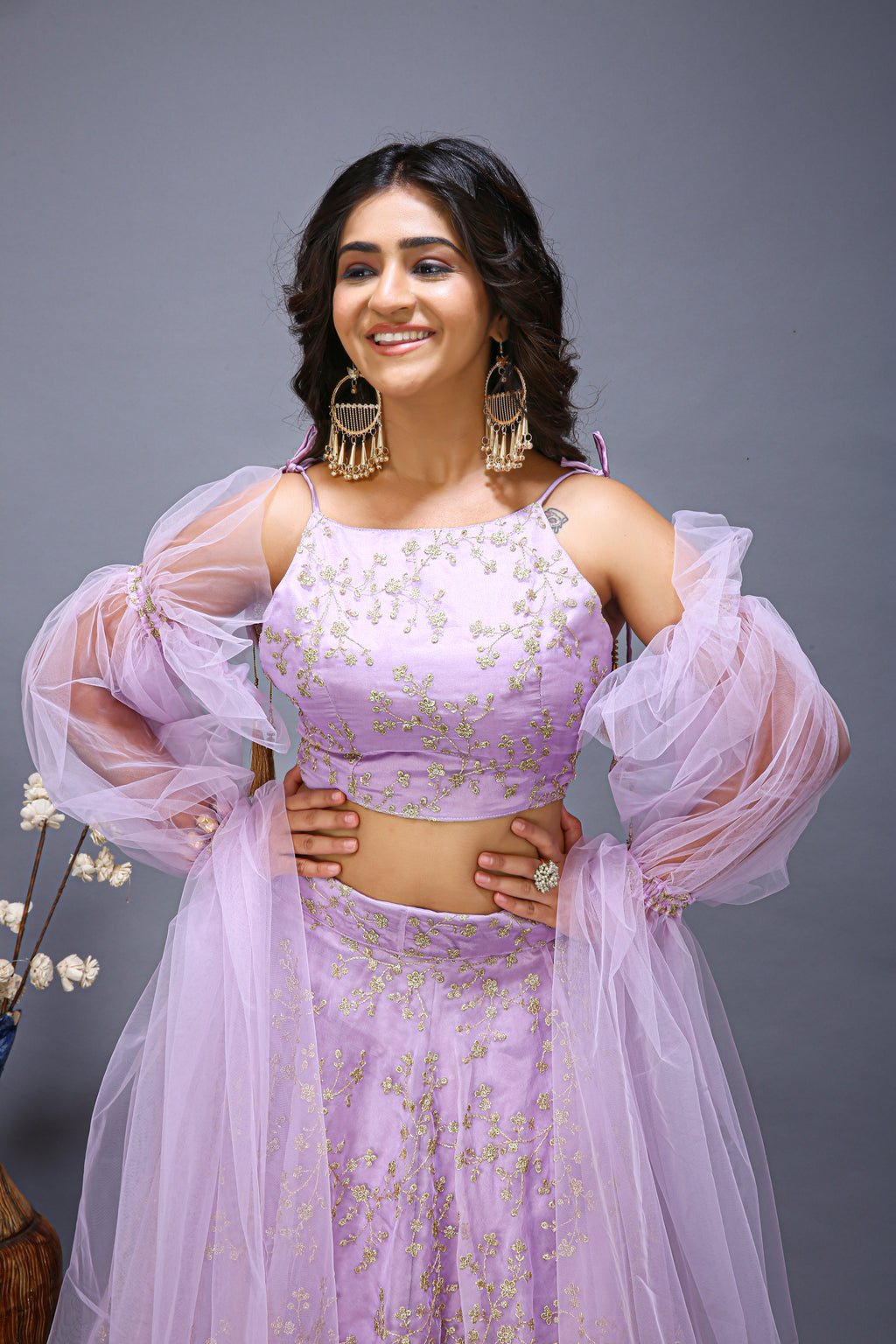 Ruffle Net Sleev Organza Lehenga Choli - top view