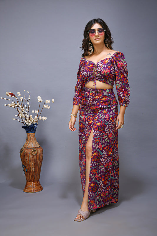 Embroidered Printed Blouse with High Slit lehenga