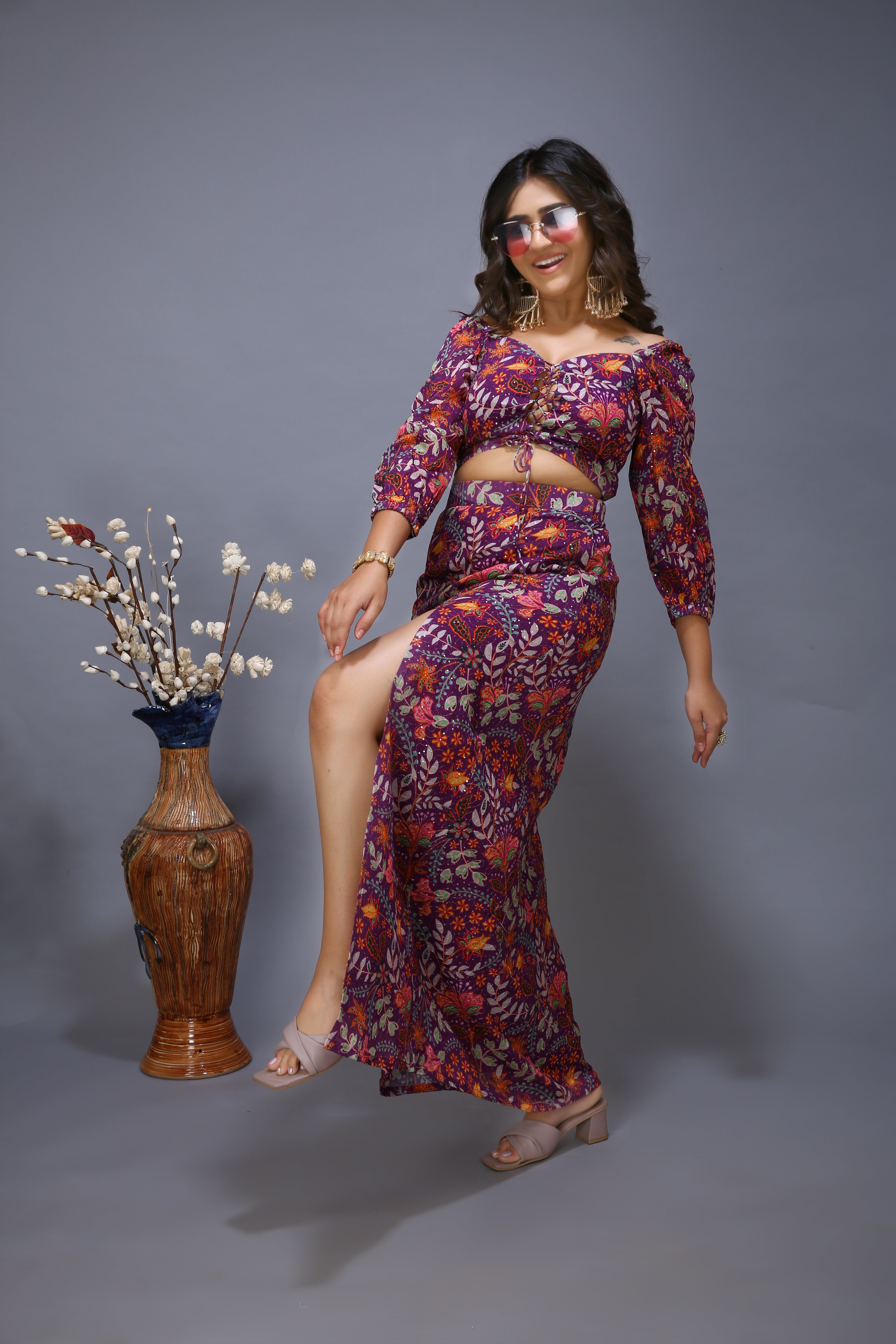 Embroidered Printed Blouse with High Slit lehenga