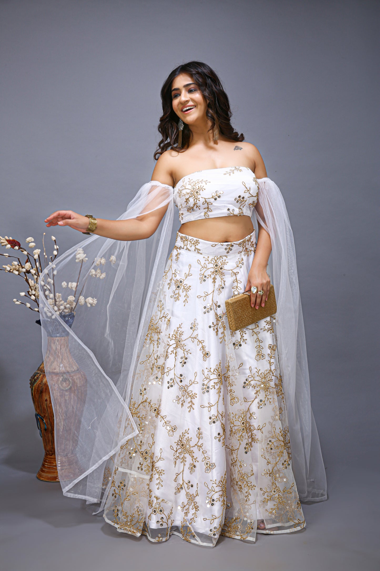 Ruffle Net Sleev Embroidered Lehenga Choli