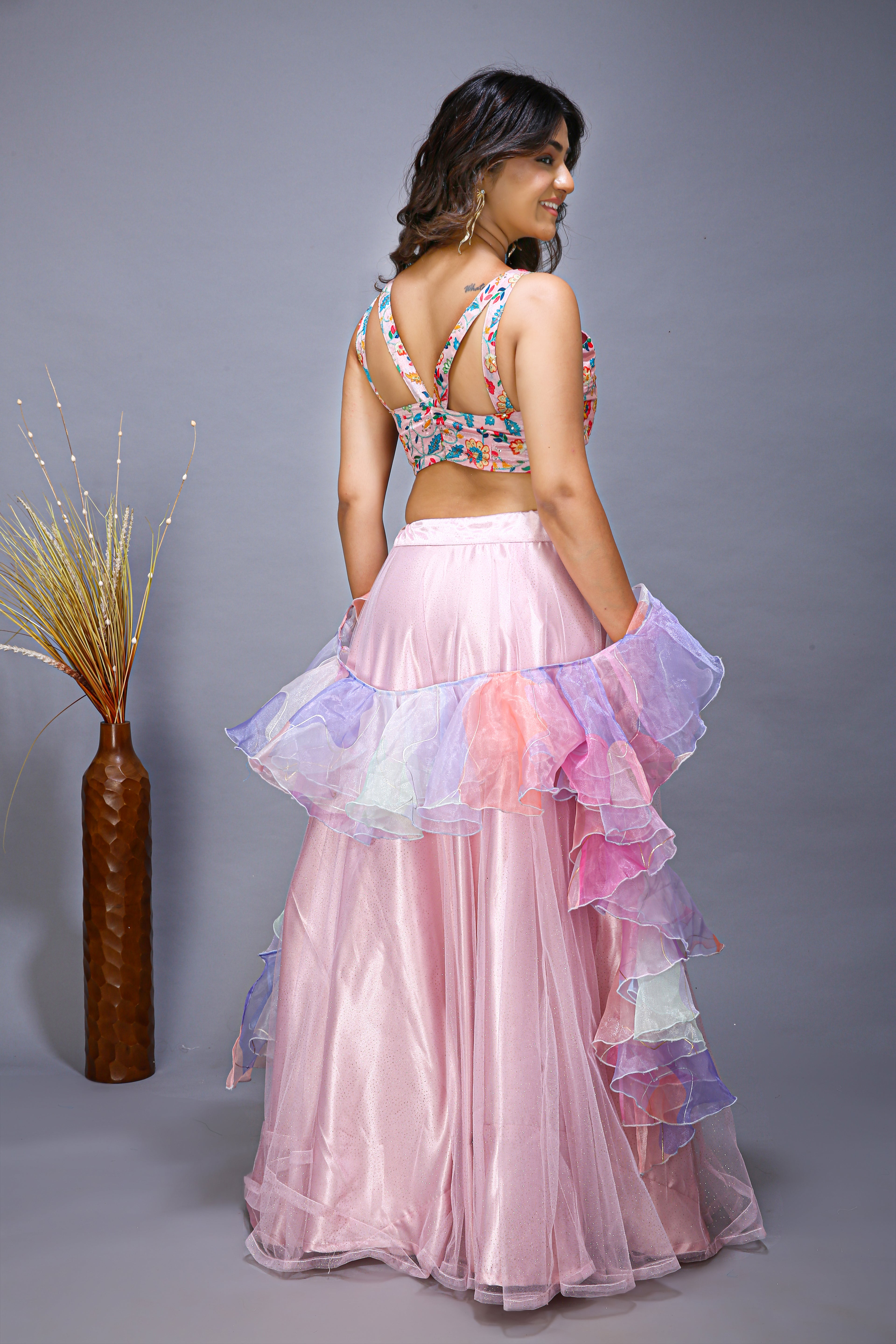 Wedding Party wear Indian Designer Ruffled Lehenga - back view