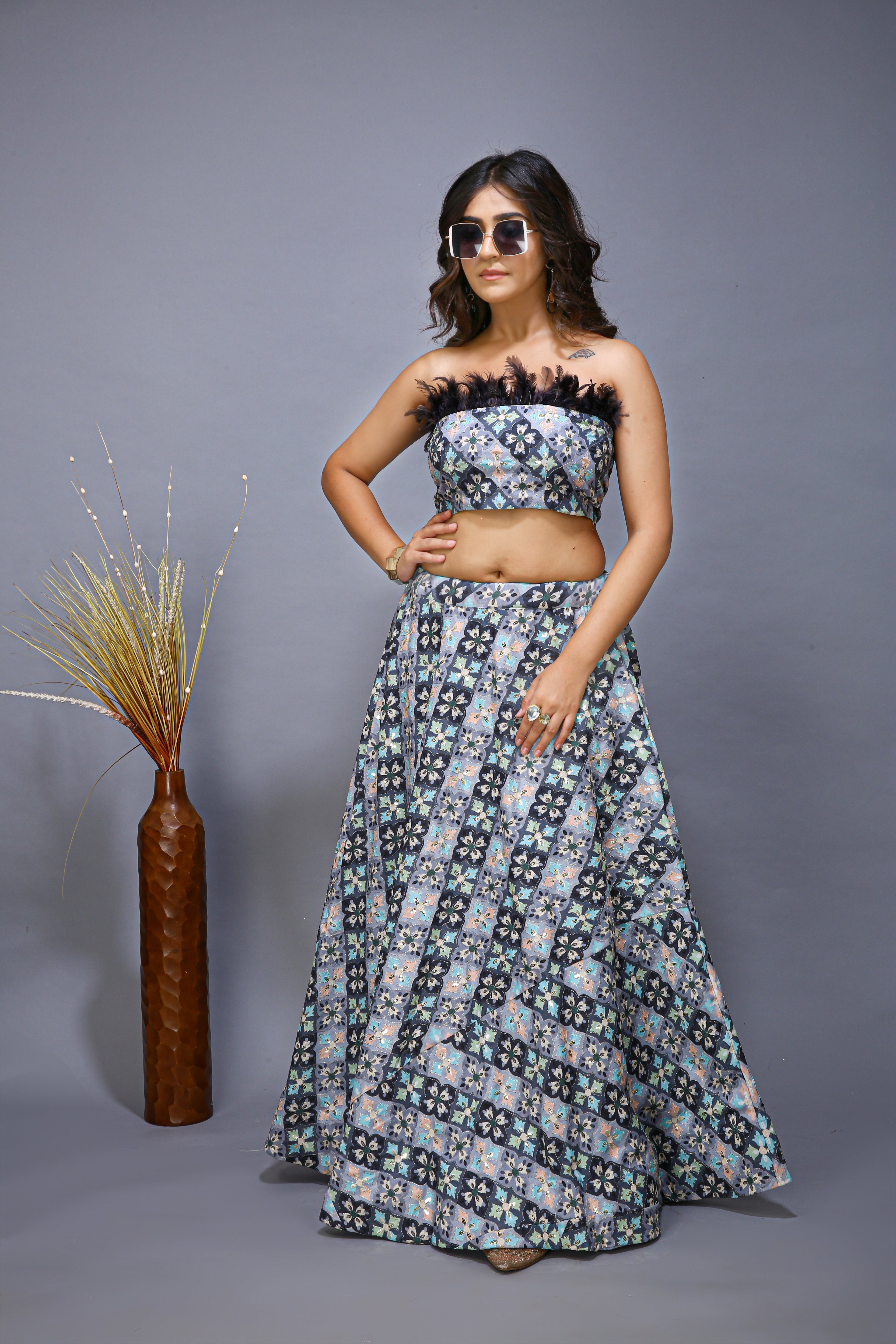 Gray Lehenga choli Beautifully Crafted with Feathers - full view