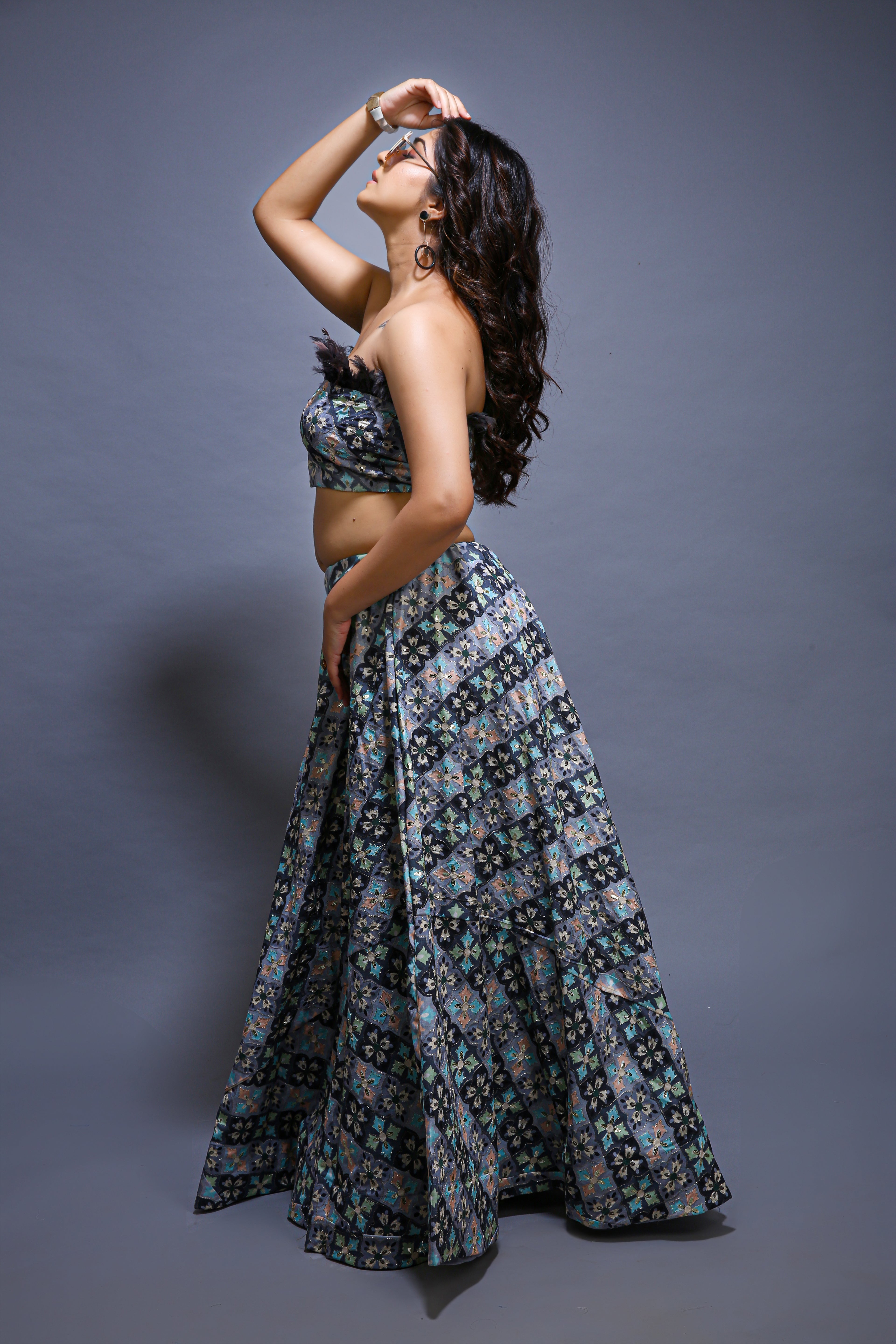 Gray Lehenga choli Beautifully Crafted with Feathers - left side view