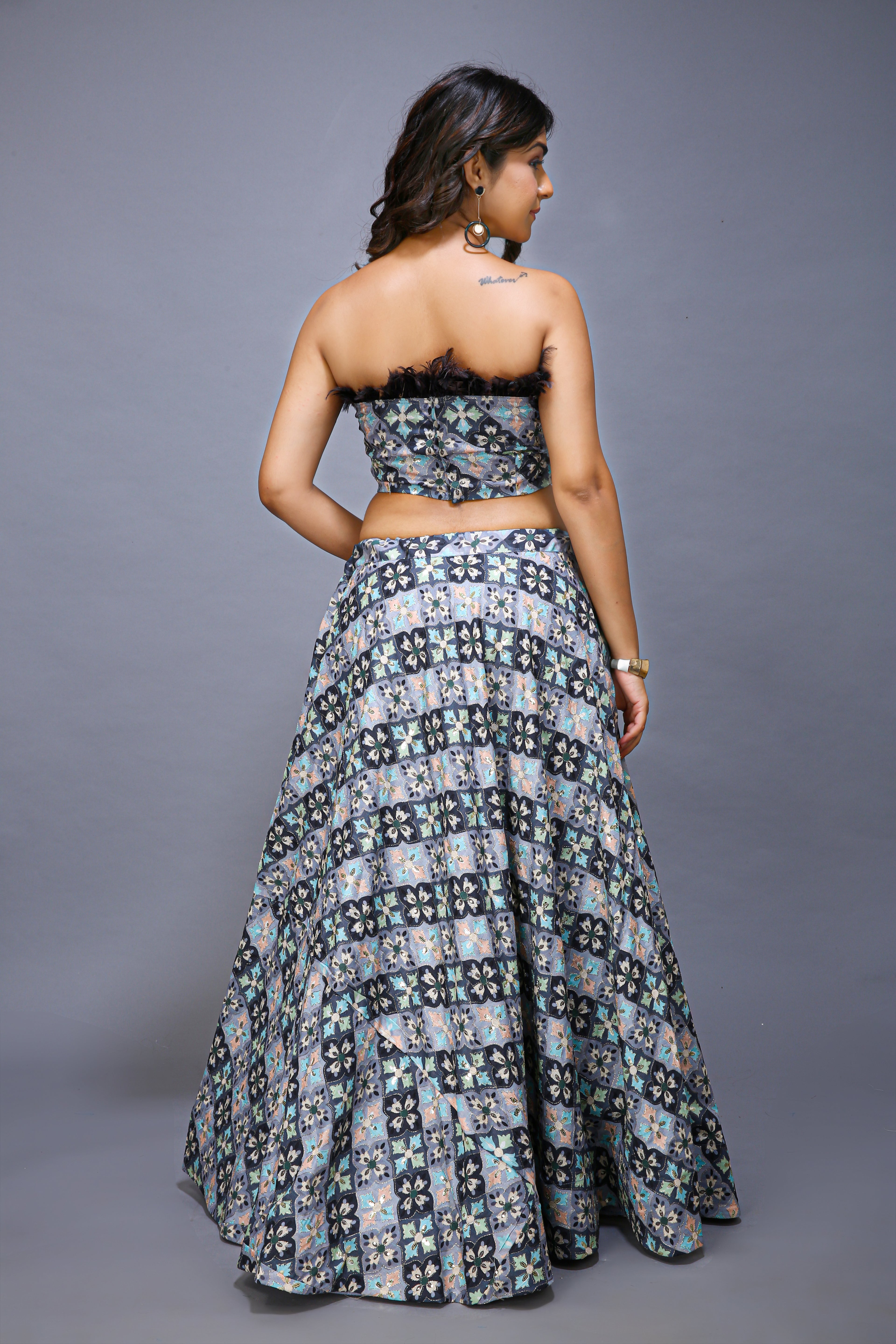 Gray Lehenga choli Beautifully Crafted with Feathers - back view