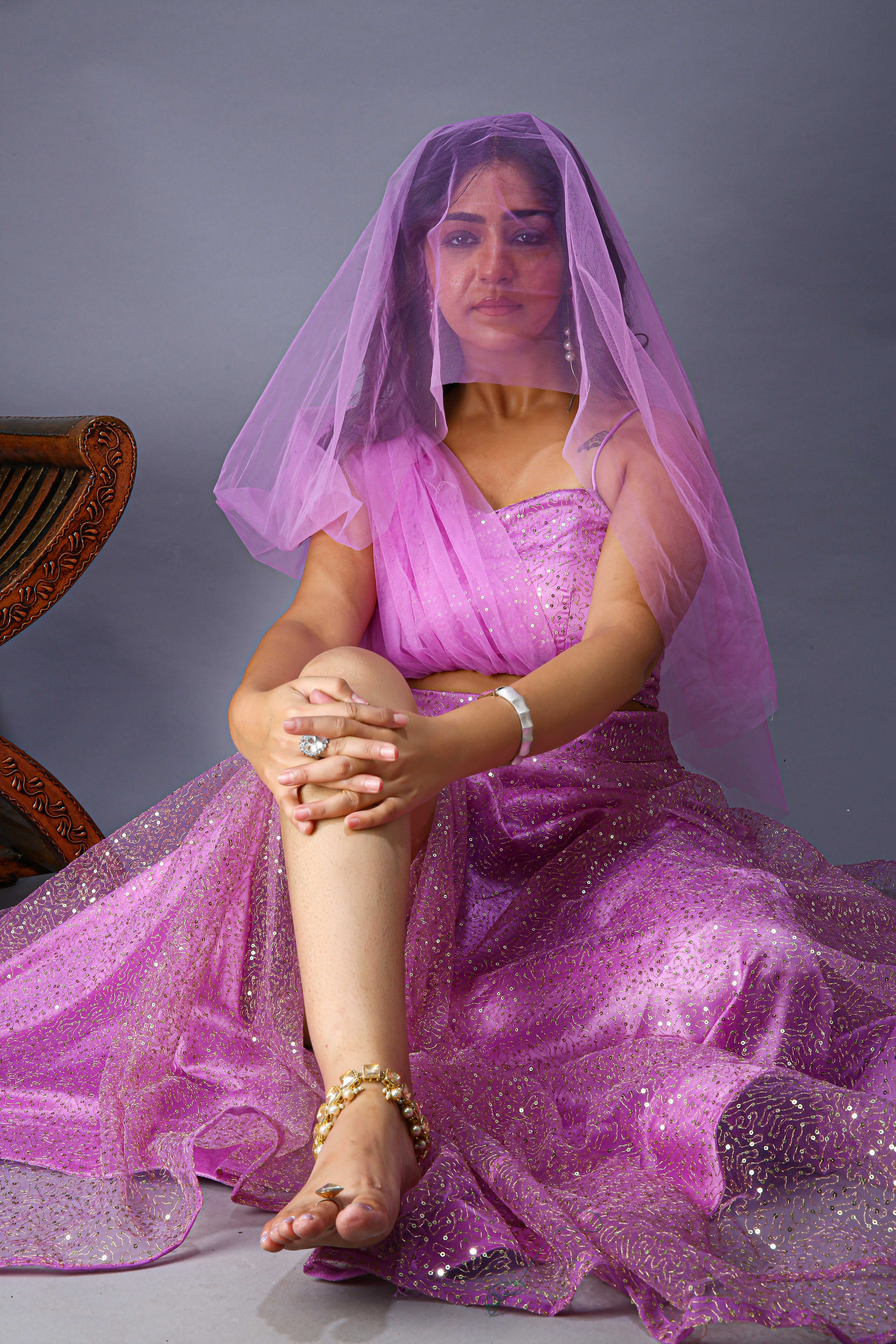 Febric Lunching Slit lehenga choli - sitting view