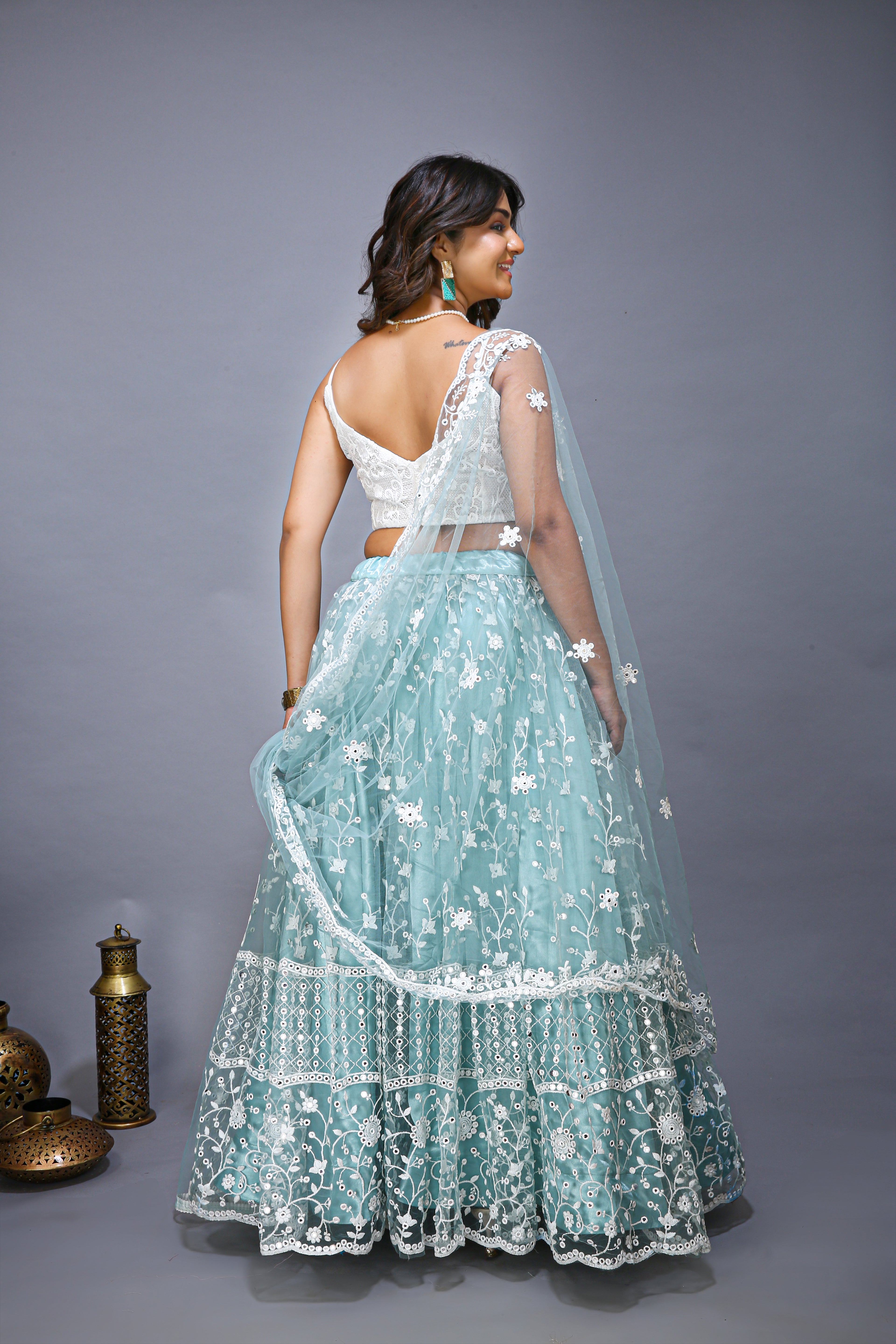 Sky blue lehenga choli - back side view