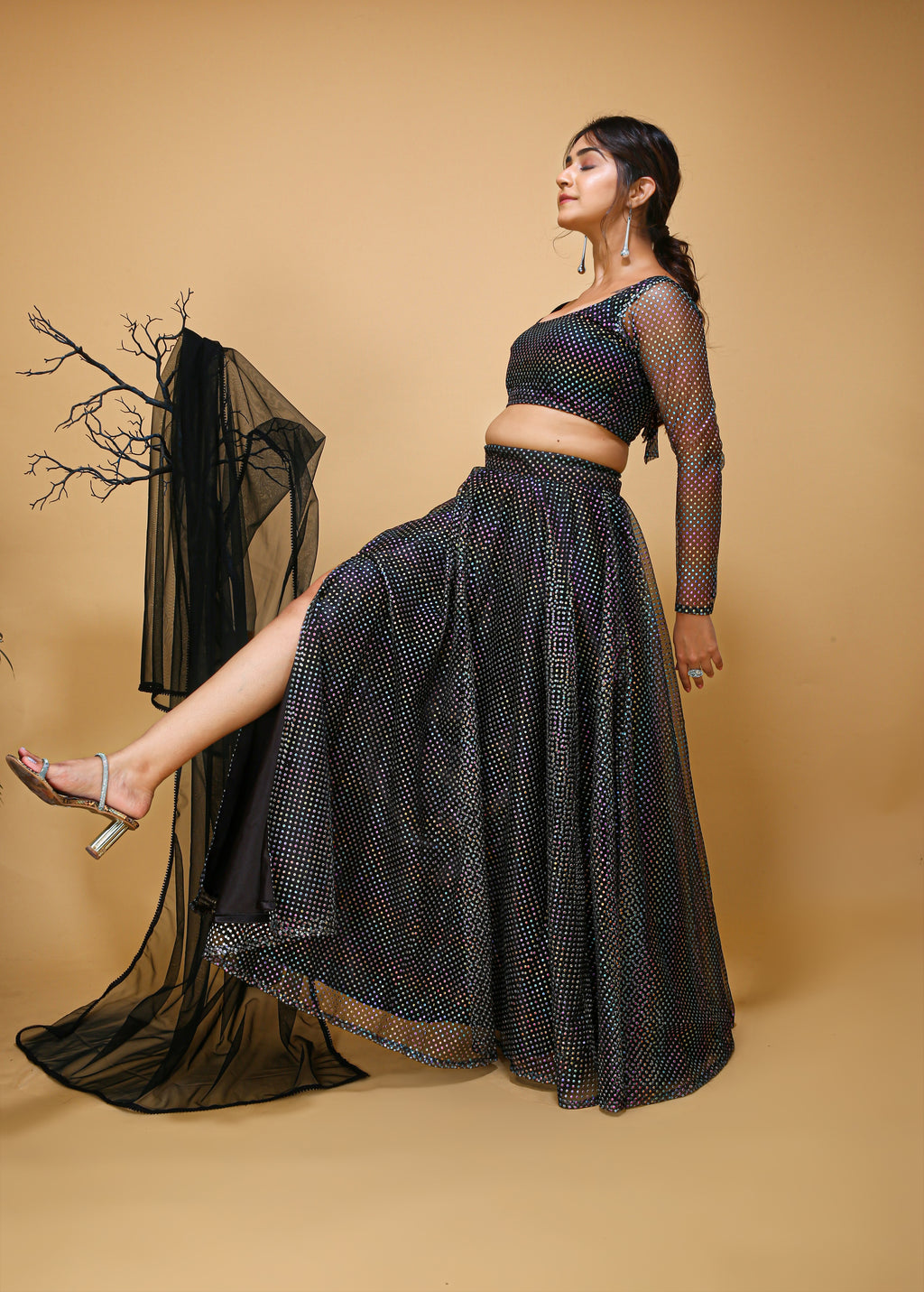 Full Sleev Black Slit lehenga choli - left side view