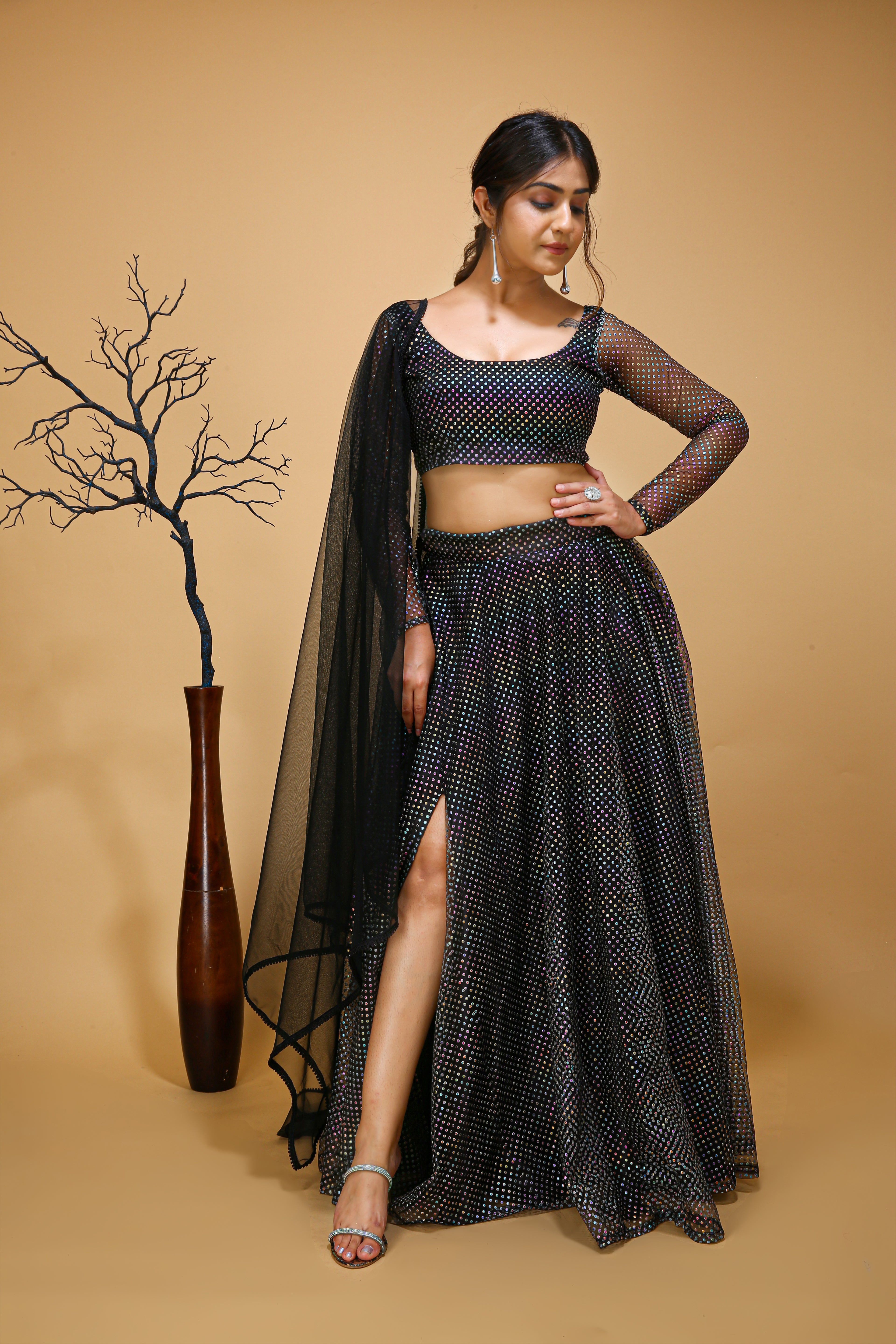 Full Sleev Black Slit lehenga choli - full view