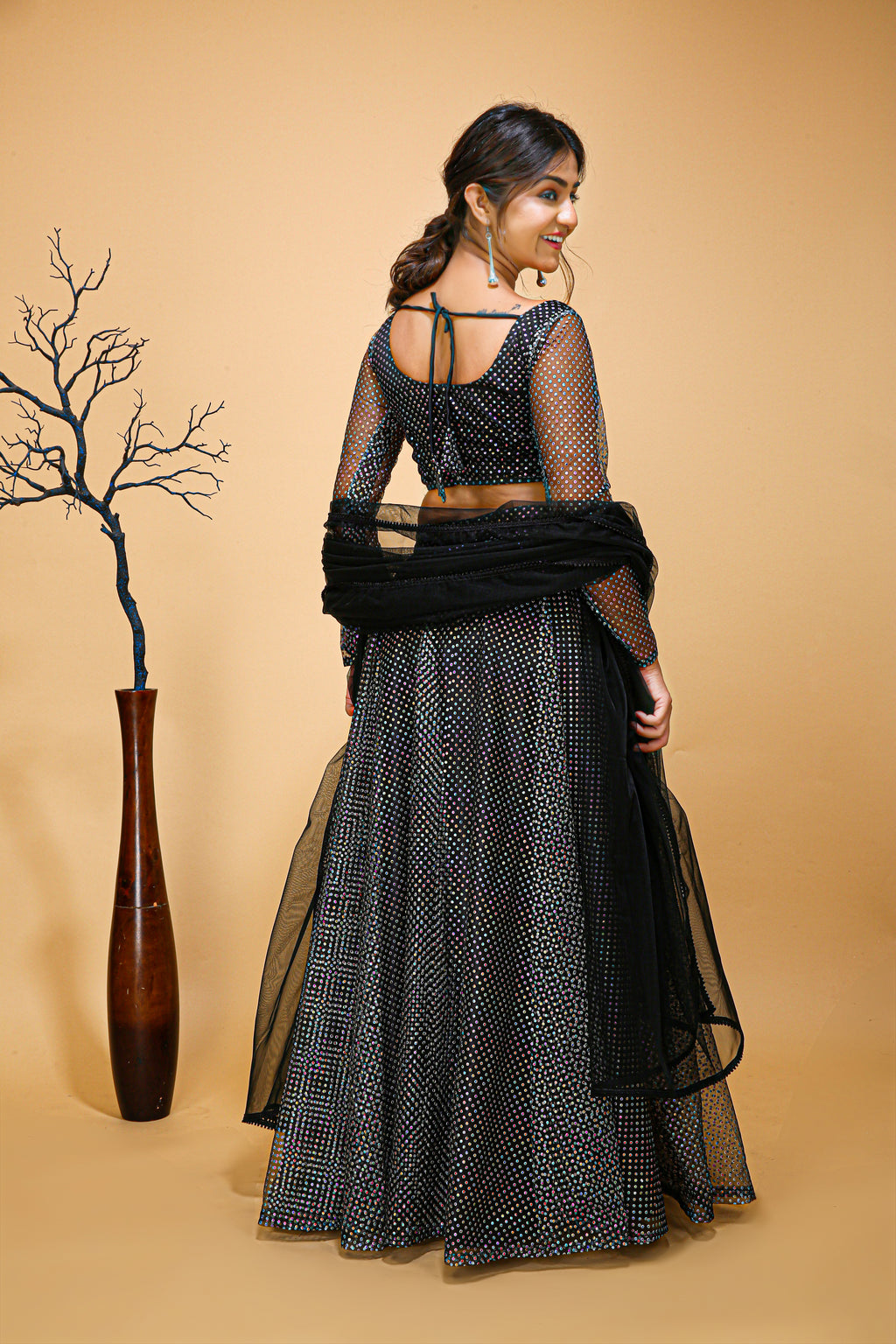 Full Sleev Black Slit lehenga choli - back view
