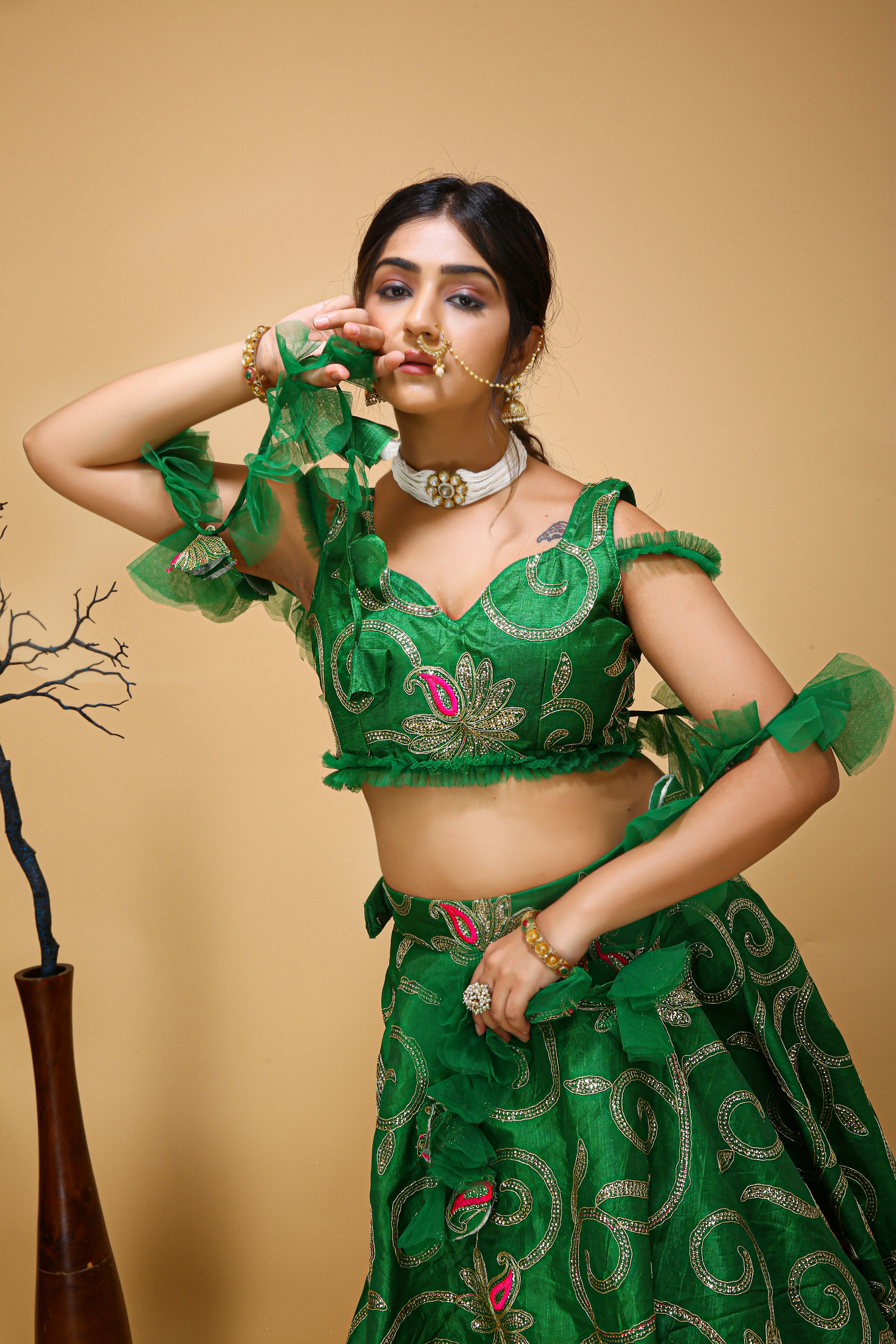 Queen Lehenga Choli With Green Traditional Vibes - top view