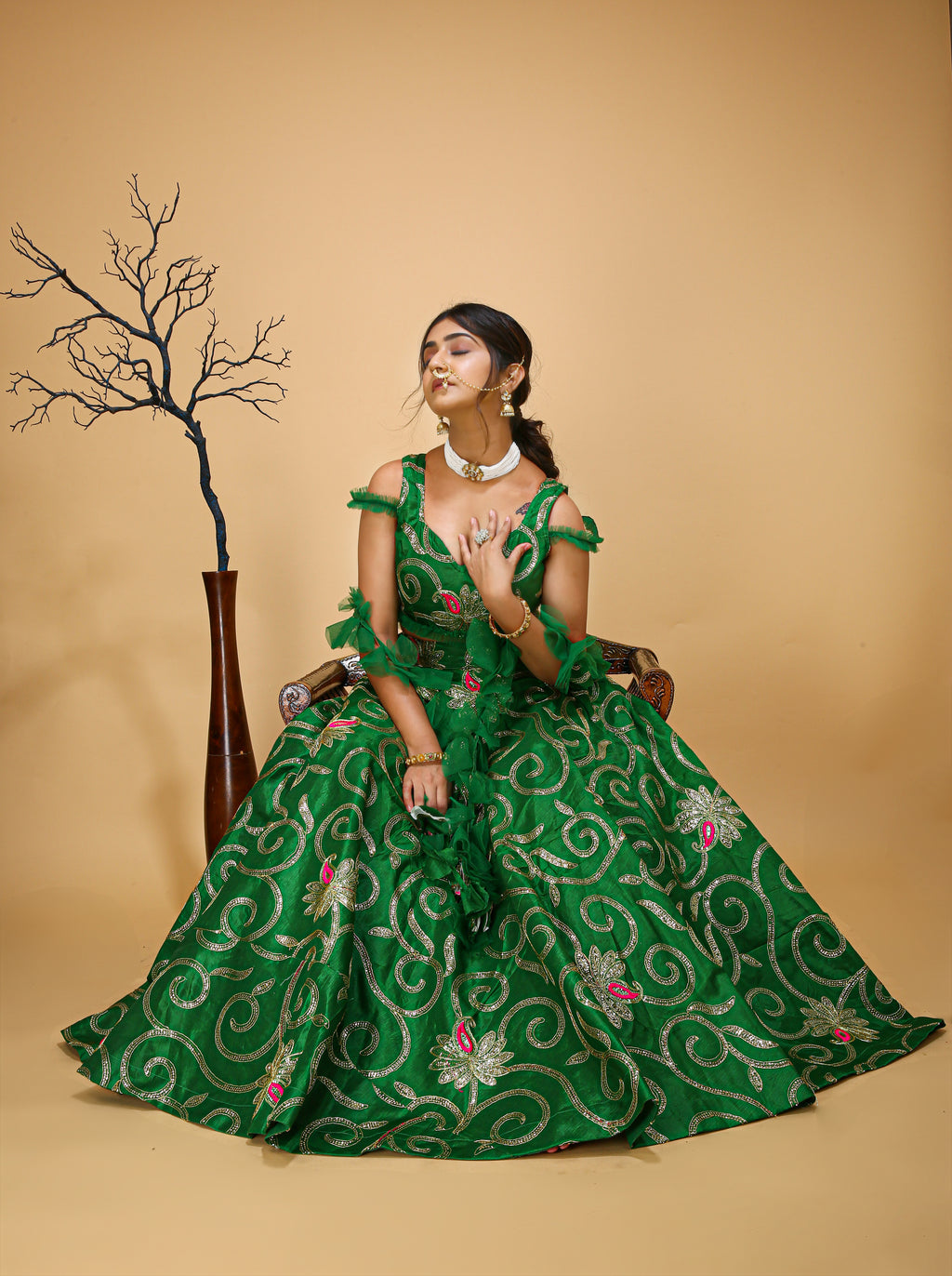Queen Lehenga Choli With Green Traditional Vibes - sitting view