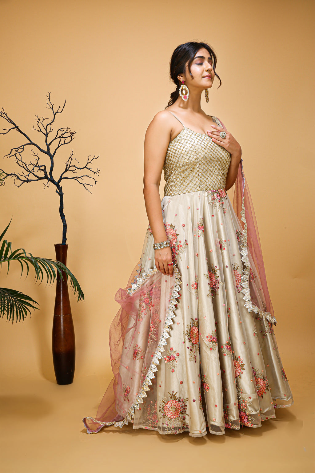 Floral Embroidered Gown With Dupatta