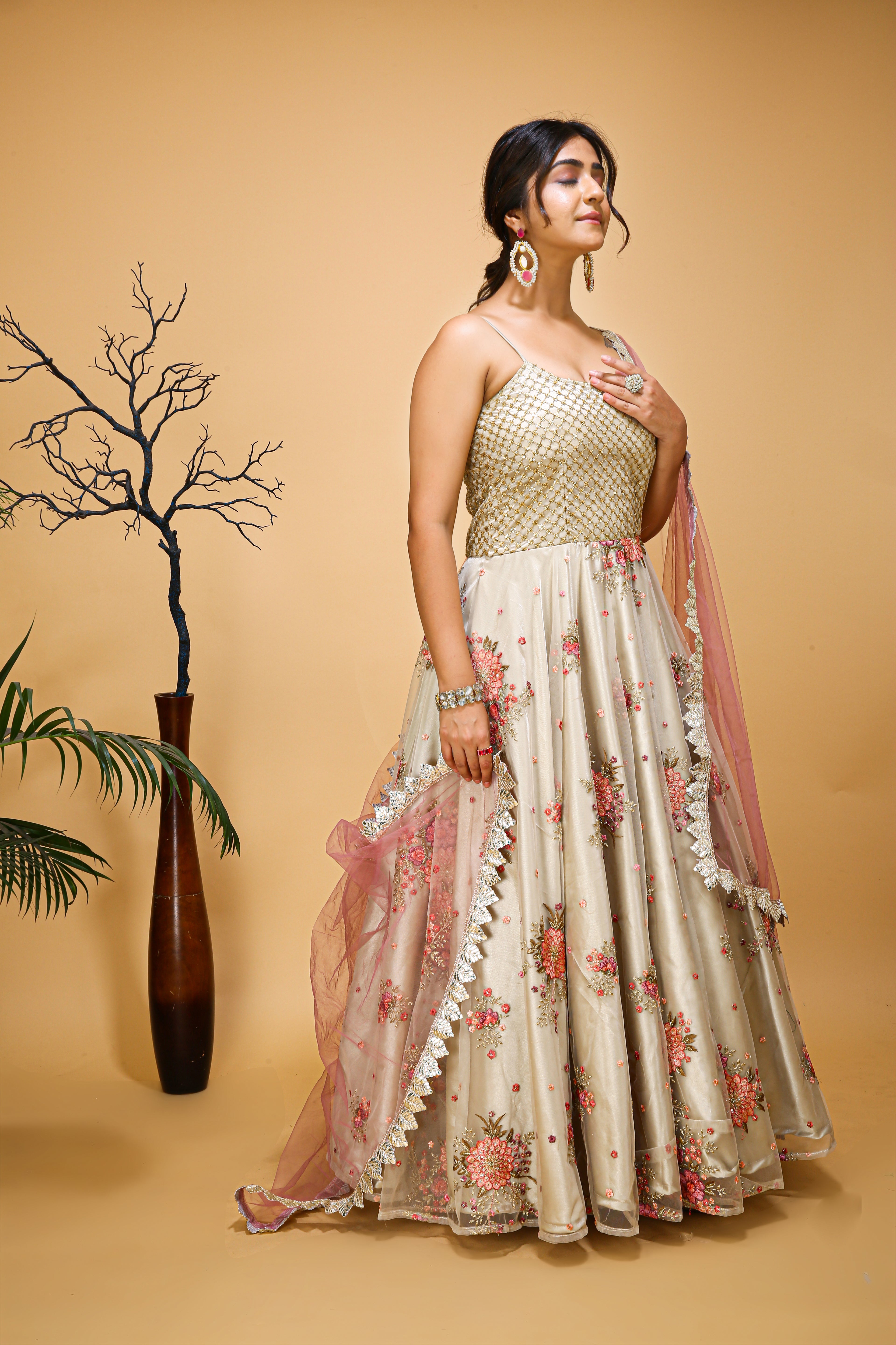 Floral Embroidered Gown With Dupatta