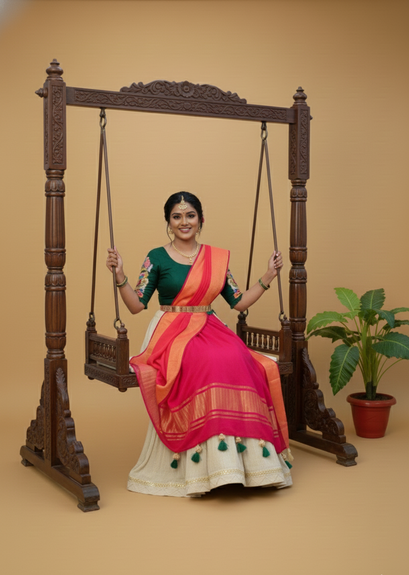 Woman in traditional attire sitting on a wooden swing against a beige background