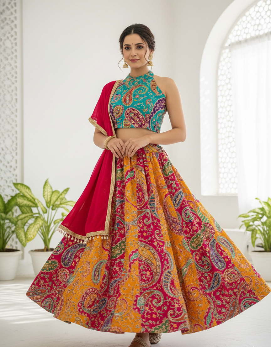 green floral lehenga for Haldi ceremony