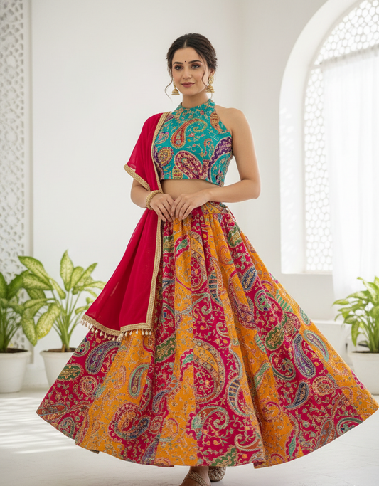 green floral lehenga for Haldi ceremony