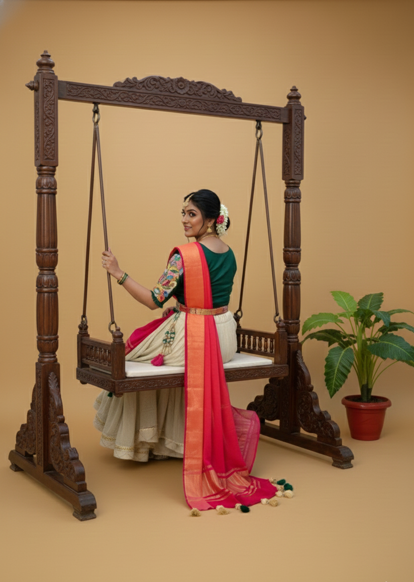 Woman in traditional attire sitting on a wooden swing against a beige background