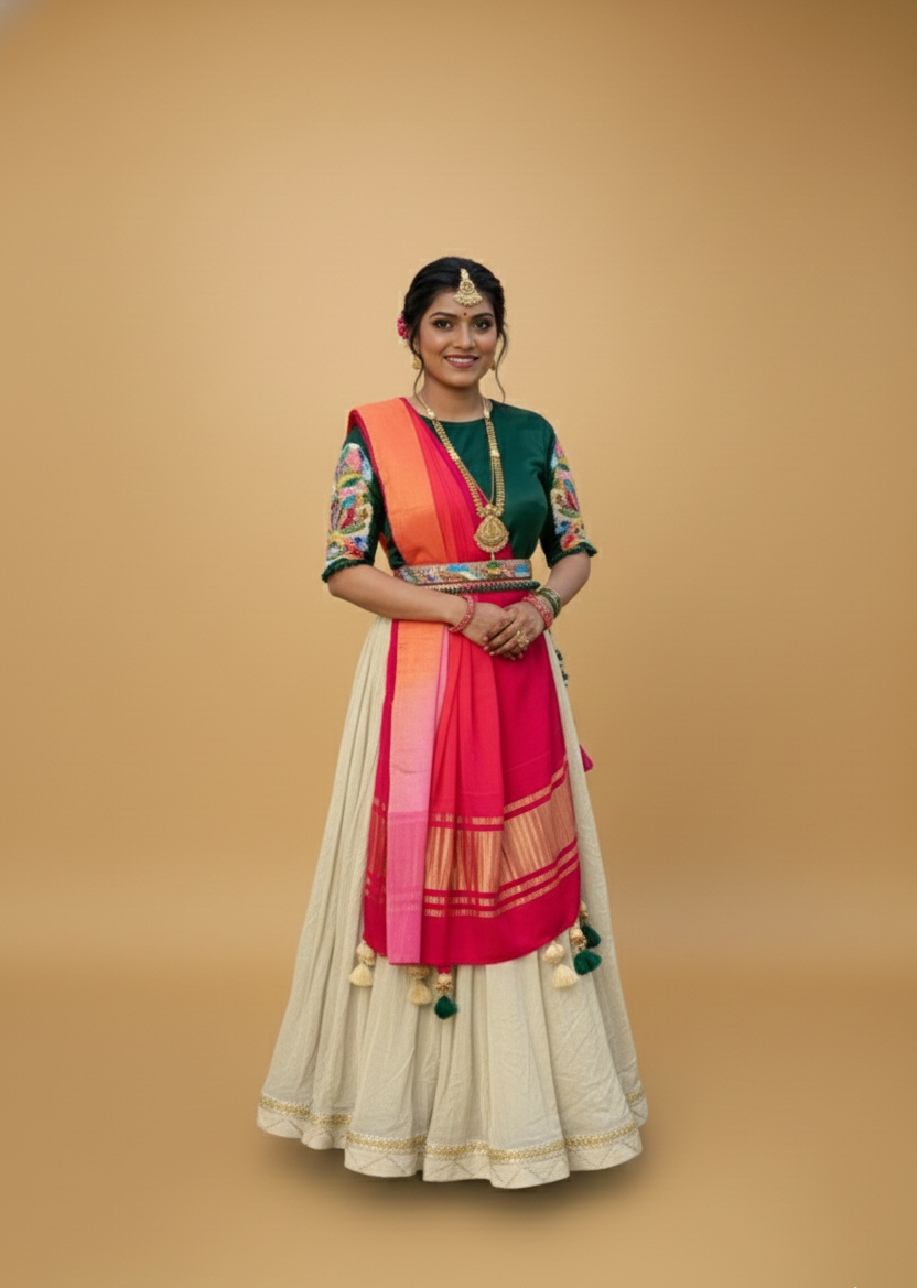 Woman wearing a traditional outfit with a colorful saree on a beige background