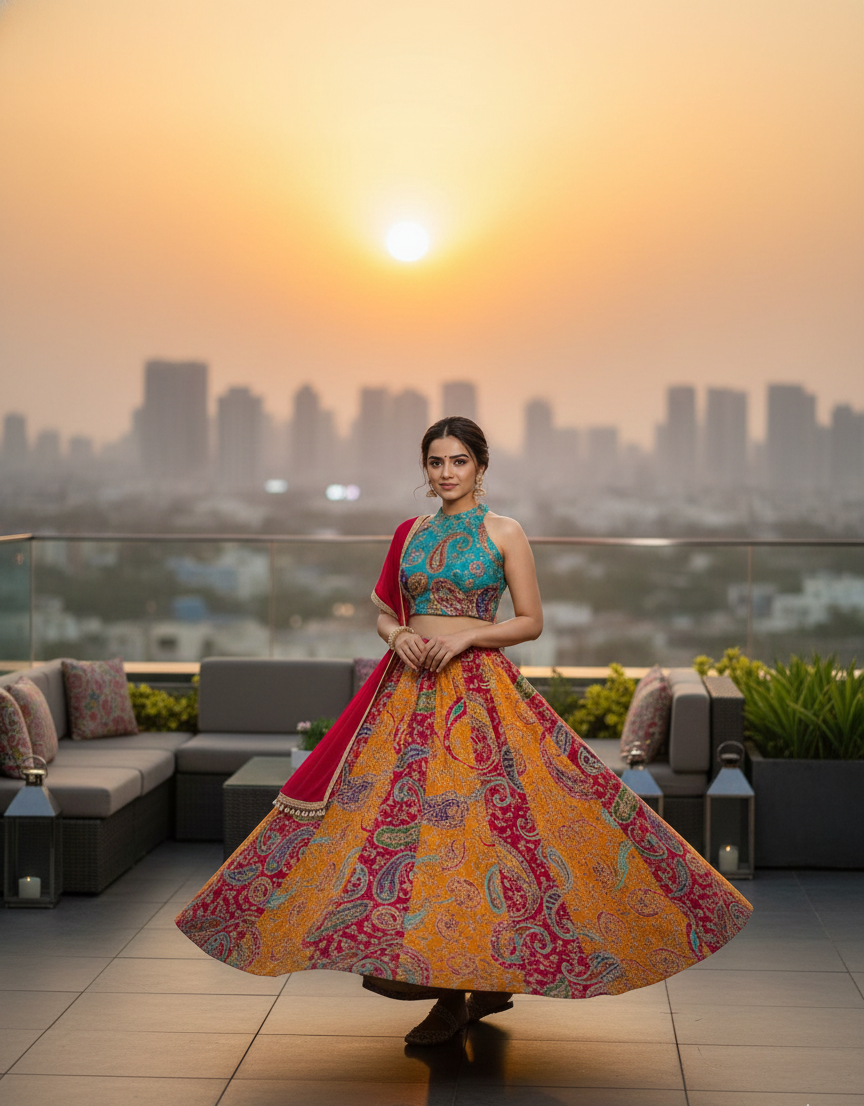 Woman in a colorful dress standing on a rooftop with a cityscape and sunset in the background