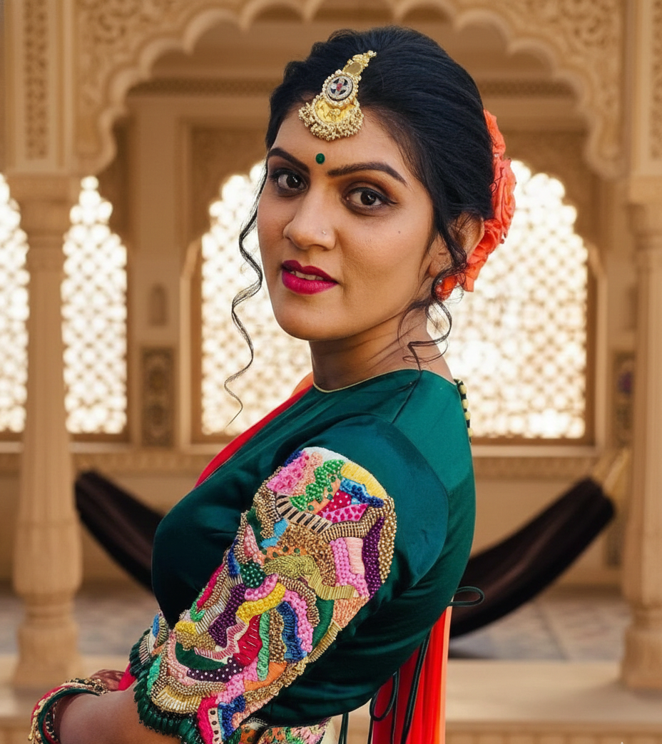 Woman in traditional attire with intricate designs, set against a decorative architectural background.