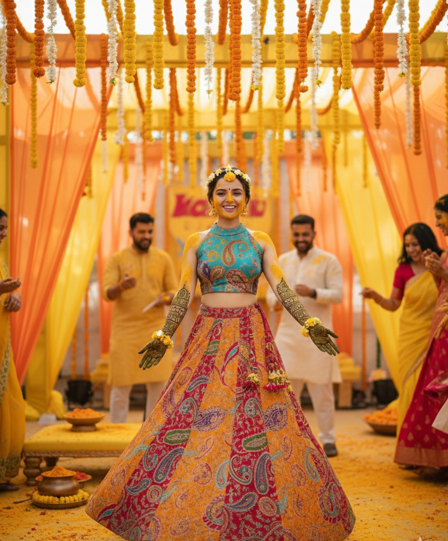 Woman in traditional colorful outfit with decorative background