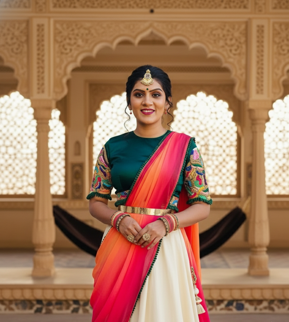 Woman in traditional saree standing in front of ornate architectural background