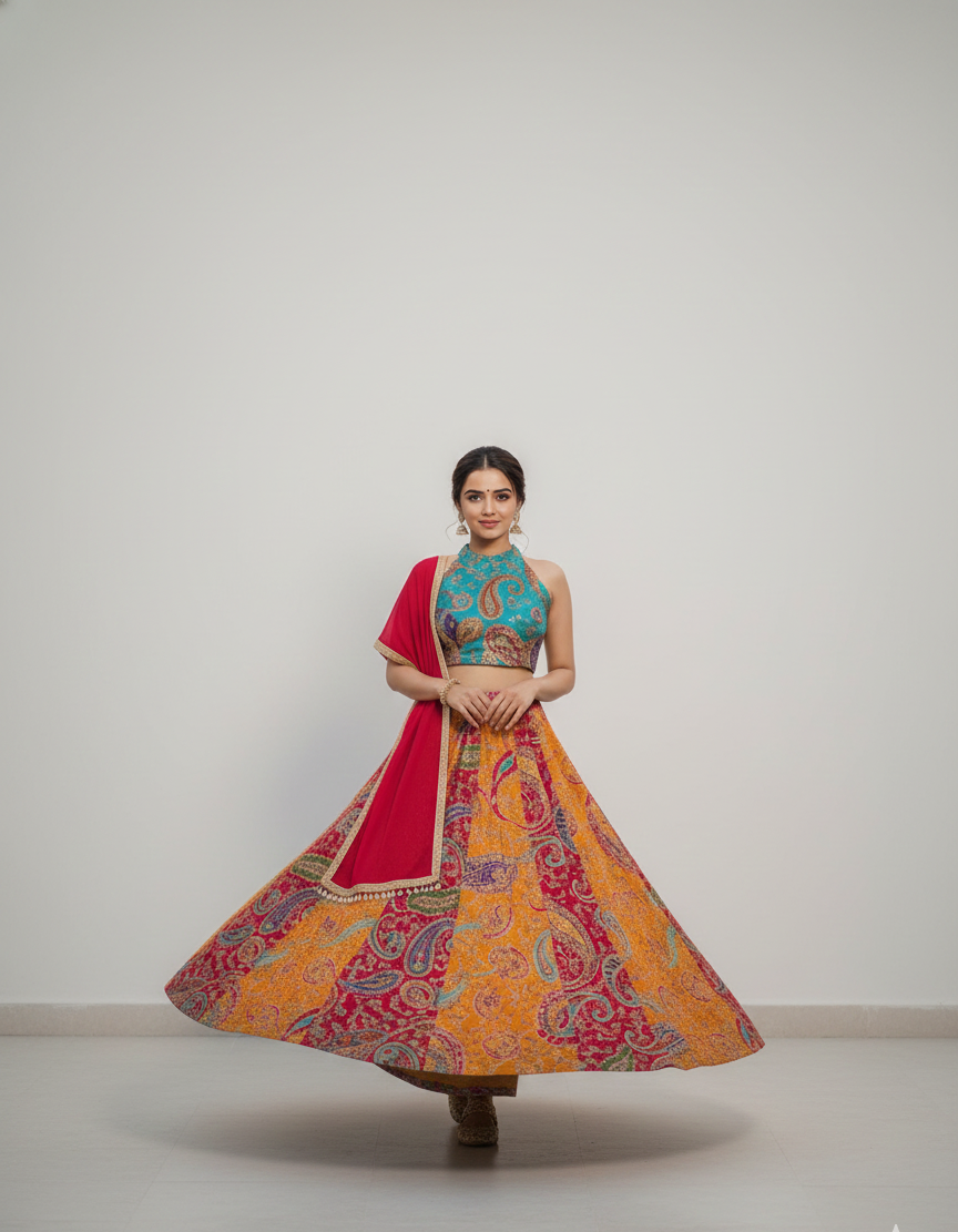 Woman wearing a colorful traditional outfit with a red dupatta and patterned yellow skirt on a plain background