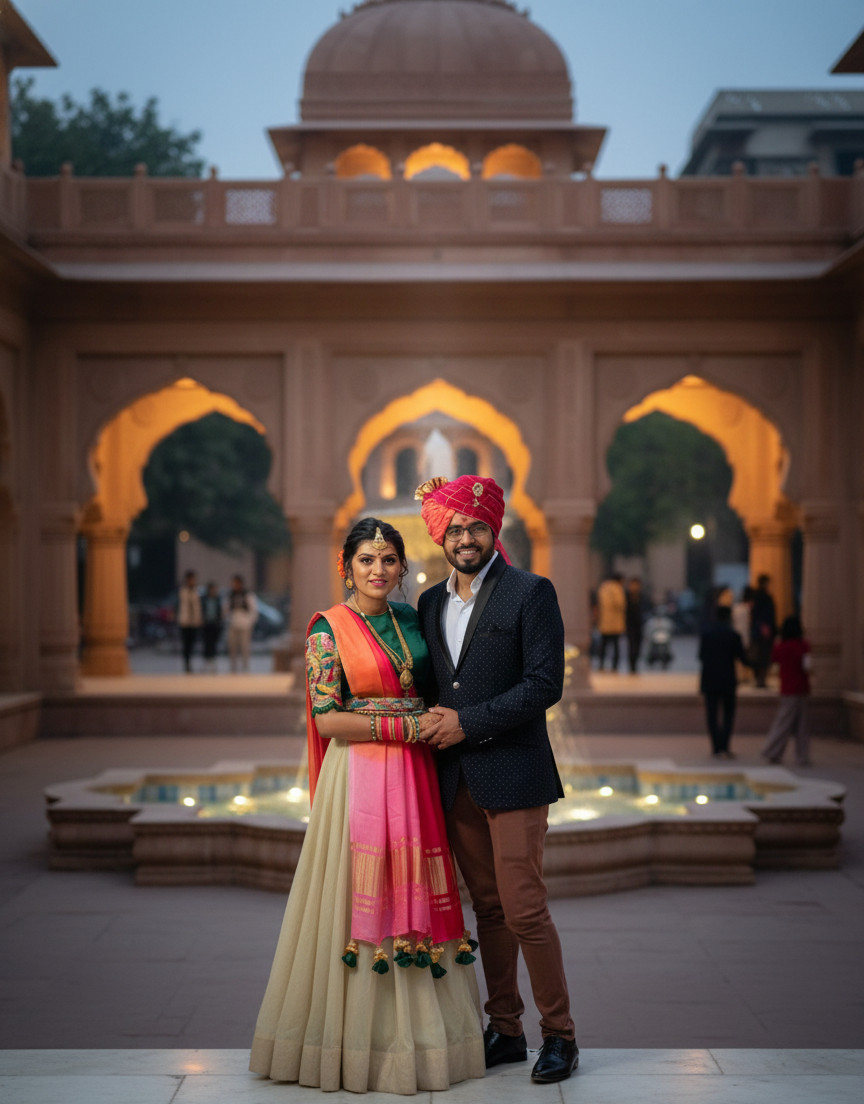 Couple in traditional attire standing in front of an architectural background with arches and water features.