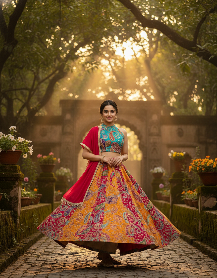 Woman in a colorful traditional outfit standing in a garden with sunlight filtering through the trees.