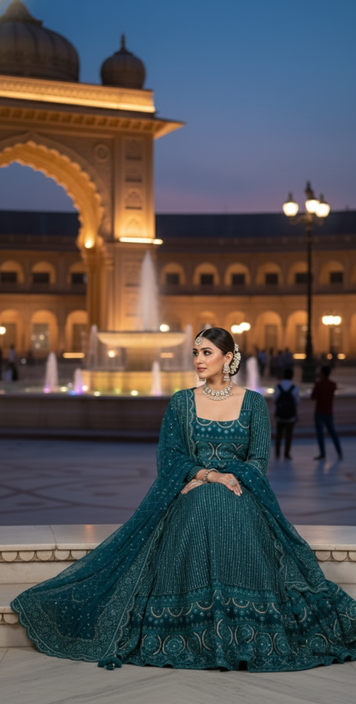 TEAL BLUE LUCKNOWY GOWN