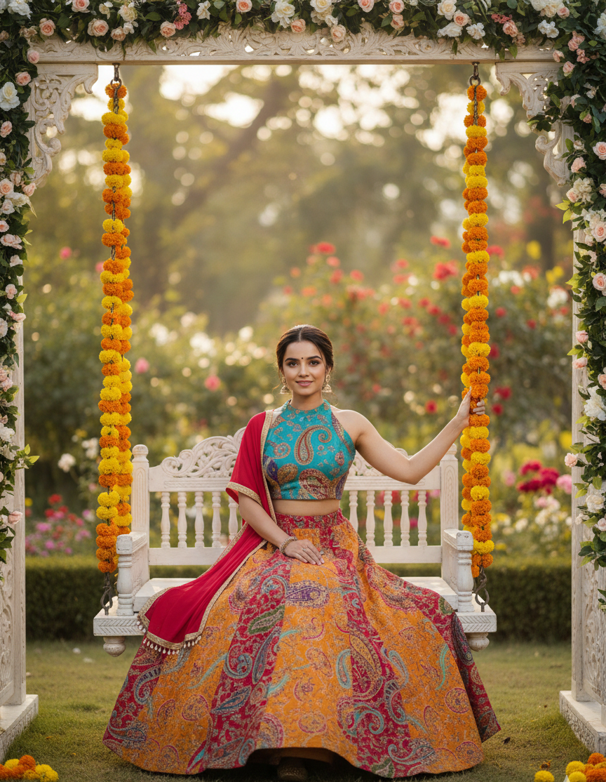 Woman in a colorful traditional outfit sitting on a decorated swing in a garden.