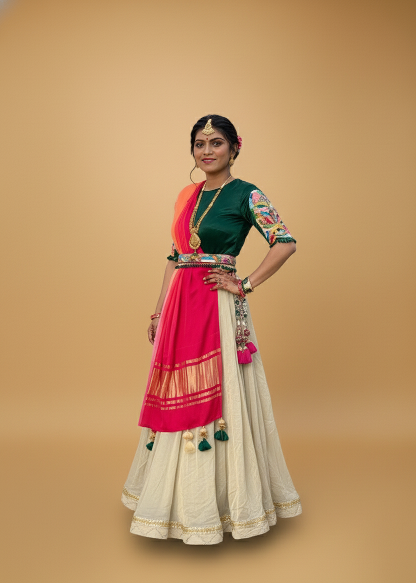 Woman wearing a traditional outfit with a green top, pink dupatta, and beige skirt on a beige background