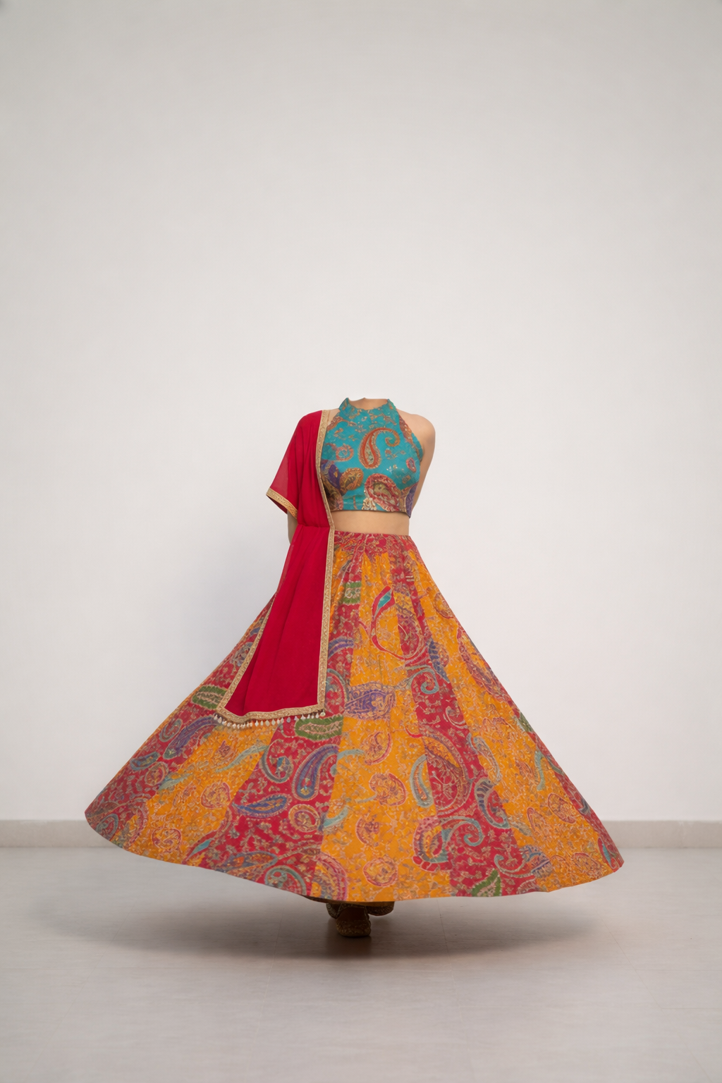 Colorful traditional outfit with a red dupatta on a white background