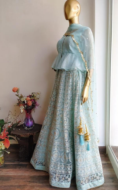 Sky color Chikankari lehenga choli with Dupatta Indian Wedding dress Mehendi  choli Lengha Traditonal lehenga Ethnic wear bridesmaid suit