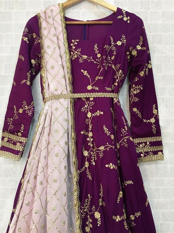 Designer Party wear Embroidered work gown with Designer Long Dupatta Wedding gown Indian Women Gown Purple Gown Indian Suit Gowns for women