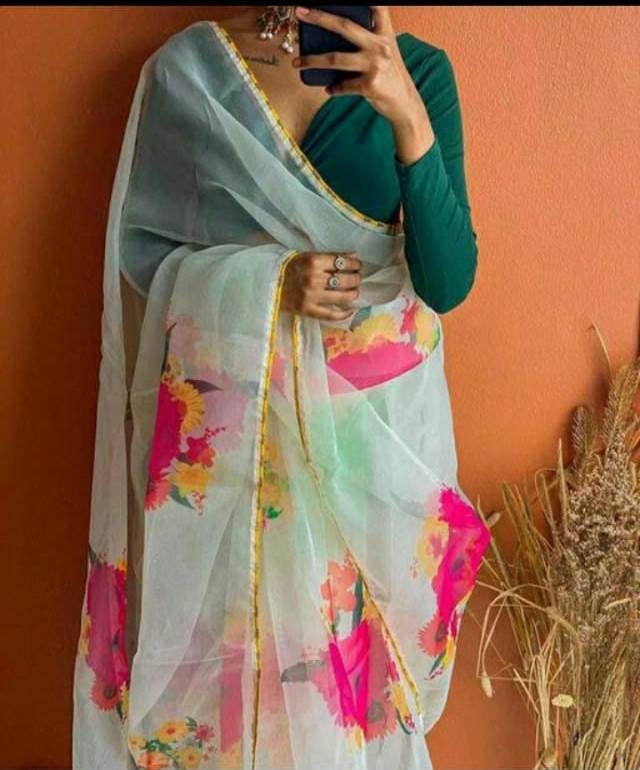 Beautiful Floral Organza saree with silk top for women heavy saree Indian saree Fancy saree Indian outfit saree Organza sari choli blouse 1