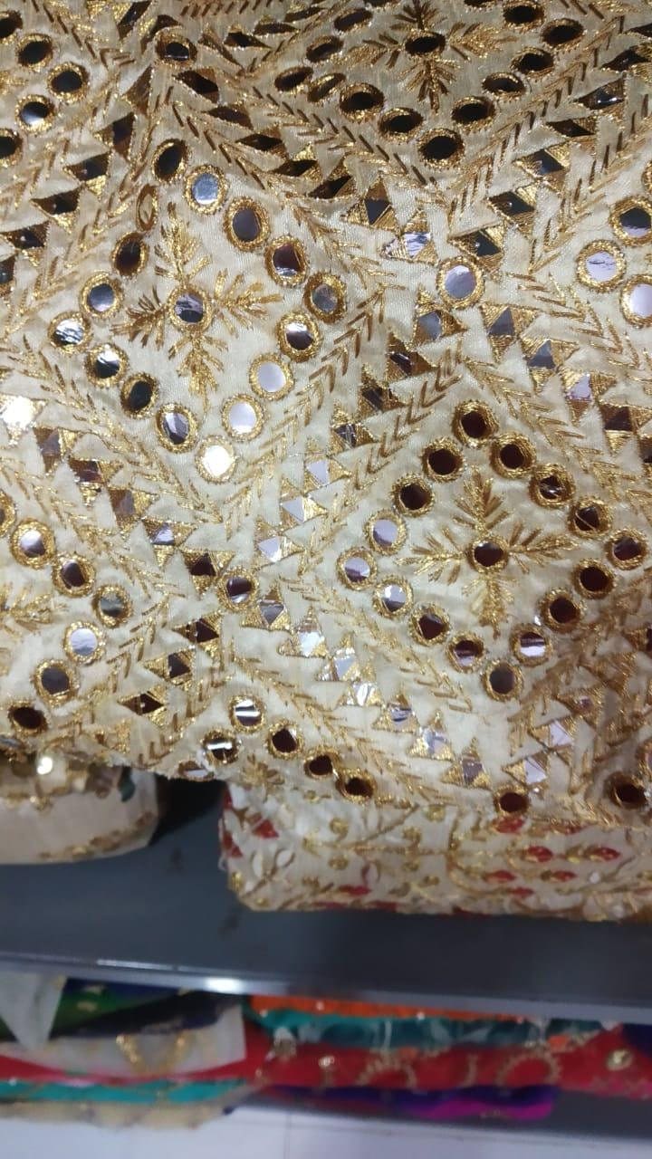 DIY Embroidered Mirror Fabric Golden work on fabric for lehenga for women lehnga choli make to order fabric by yard Wedding wear Designer 1