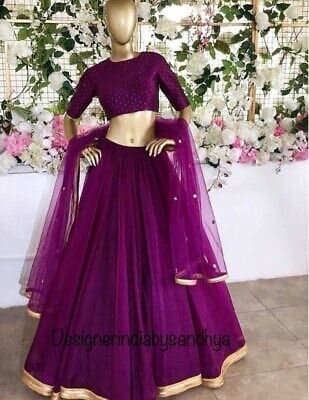 Purple silk Lehenga Choli Dupatta Lucknow Chikankari Custom Stiched Readymade Chikan Lengha Wedding wear Designer Bridal Lehenga