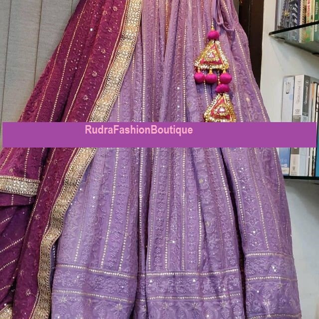 Purple Golden Georgette Lehenga Choli Dupatta Lucknow Chikankari Custom Stiched Readymade Chikan Lengha Wedding wear Designer Bridal Lehenga