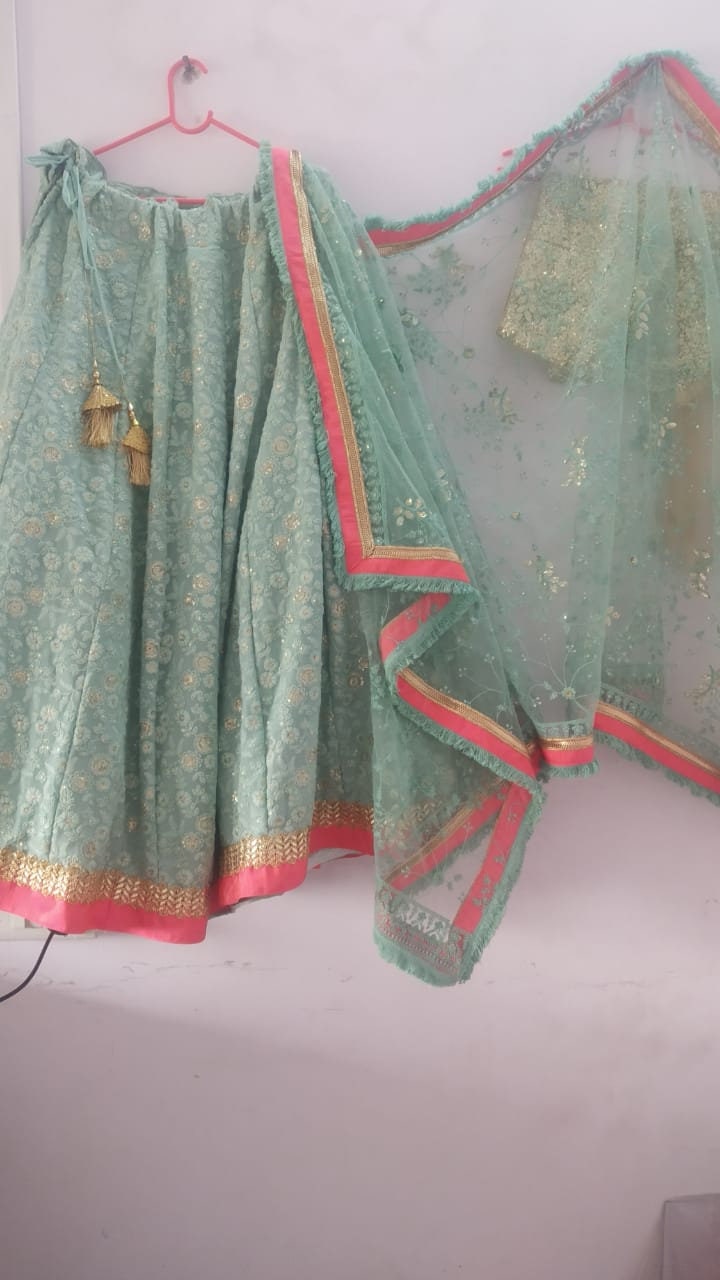 Indian Designer Blue with Golden Thread work Pure Georgette Lehenga choli dupatta with Stiched Blouse Chikankari blouse for women and girls