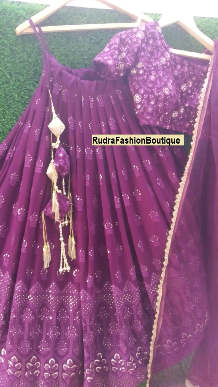 Wedding Party wear Indian Designer Purple Lehenga choli Dupatta for girls and women custom Stiched Lengha blouse Embroidered thread sari