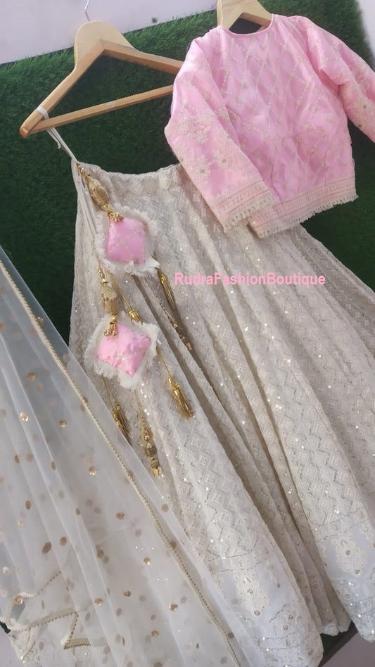 Pink Thread Embroidered Lehenga Choli Dupatta Custom Stiched Readymade Chikan Lengha Wedding wear Designer wear Bridal Lehenga Indian suit 1