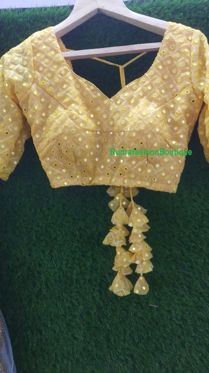 Readymade Silk Blouse Mirror work Saree Blouse Yellow and black color Sari blous Saree Top Blouse for women All size lehenga choli full set