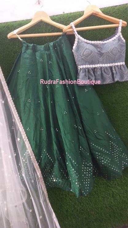Green designer gown lengha lehenga Indian ethnic traditional wear Indian Suit Chania choli Party wear Gray dress Wedding wear Function 1