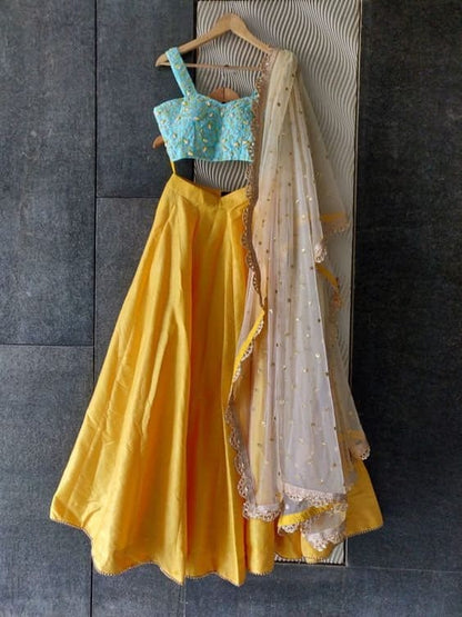 Yellow Thread Embroidered Lehenga Choli Dupatta Custom Stiched Readymade Chikan Lengha Wedding wear Designer wear Bridal Lehenga Indian suit