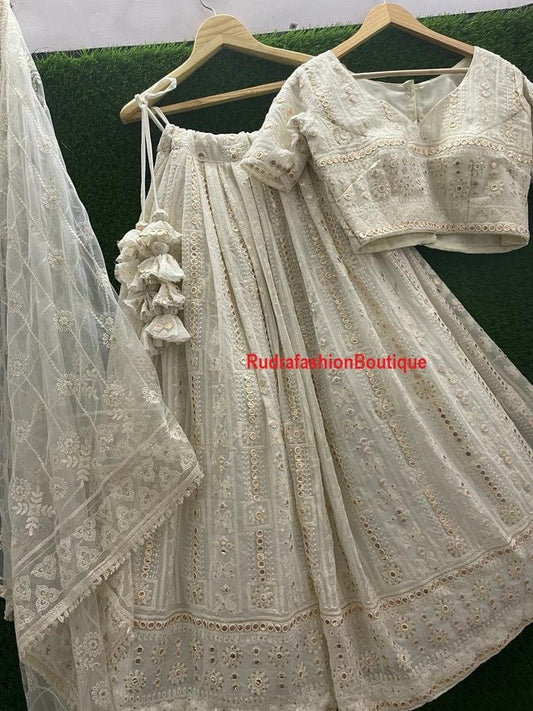 Ivory Chikankari Pure Georgette hand Embroidered Lucknowi Cikan Lehenga Indian Handmade Chikankari Dyable Premium lehenga Lenga for women 1