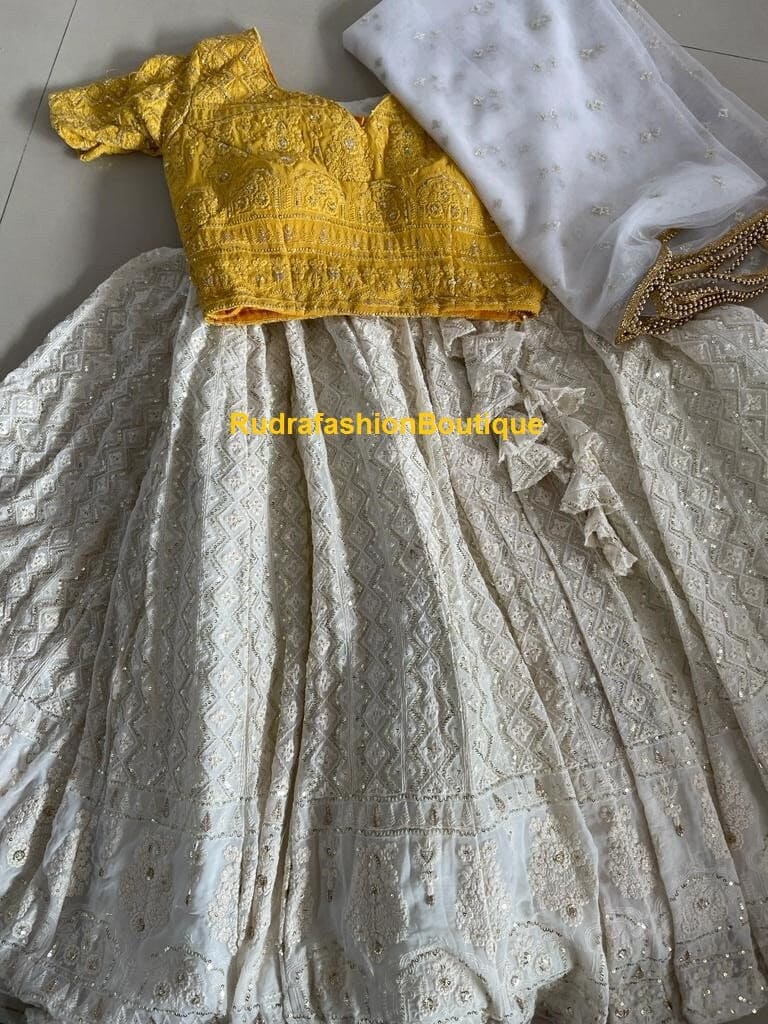 Lucknowy Georgette Lehenga Choli Dupatta Lucknow Chikankari Custom Stiched mummy-daughter Chikan Lengha Wedding wear Designer Bridal Lehenga