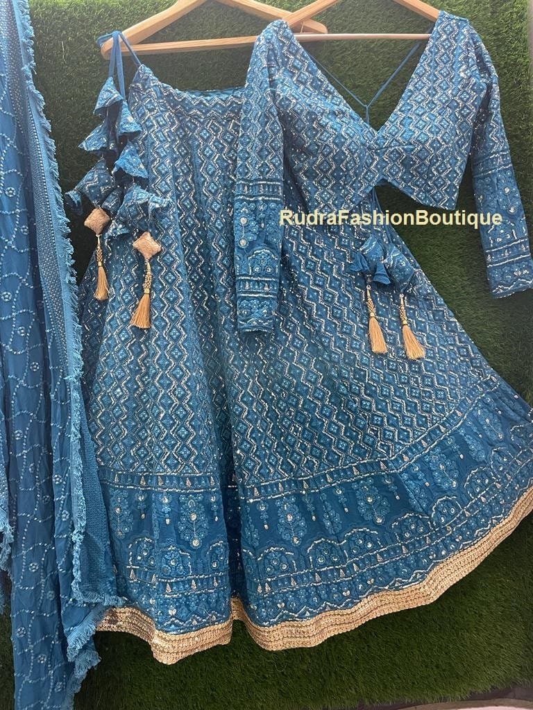 Blue Thread Embroidered Lehenga Choli Dupatta Custom Stiched Readymade Chikan Lengha Wedding wear Designer wear Bridal Lehenga Indian suit
